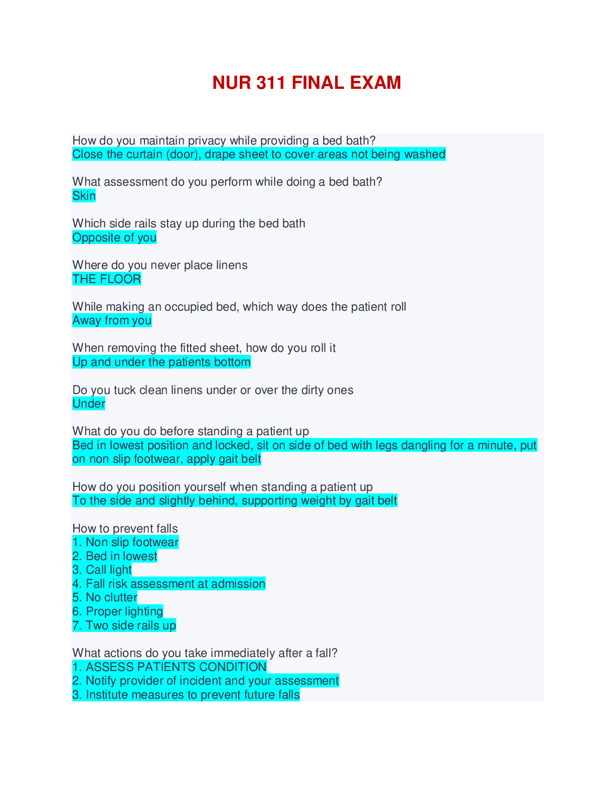 Preview of NUR 311 FINAL EXAM - QUESTIONS AND ANSWERS